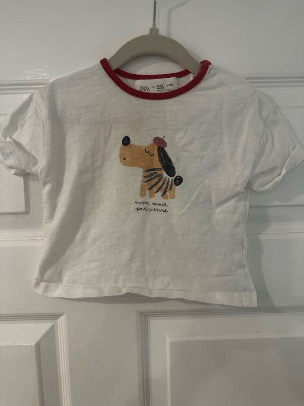 Zara White Tee with Red Neck Trim and Dog Graphic